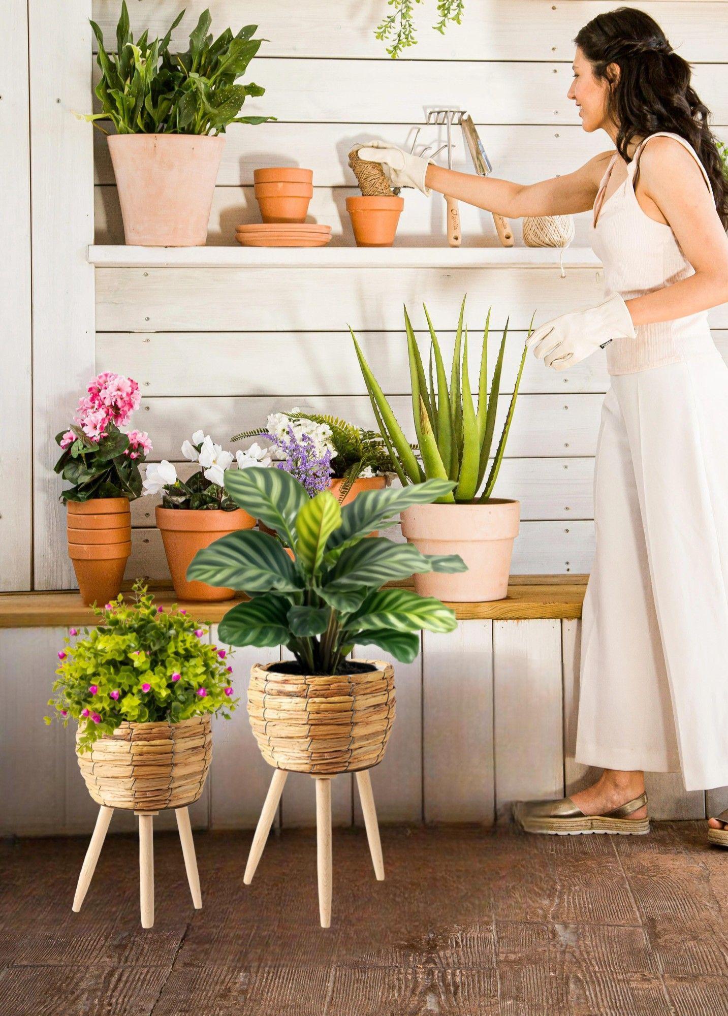 Set Macetas Decorativas Tejido Paja Plantas Flores Jhn-2