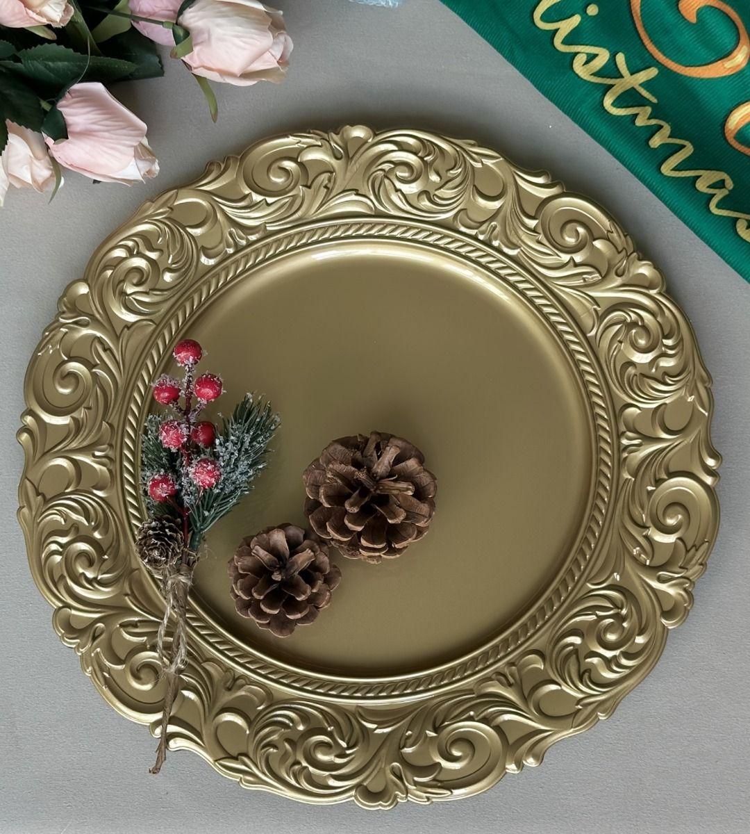 Set 3 Plato Base Borde Relieve Decorativo Elegante Jhn-7