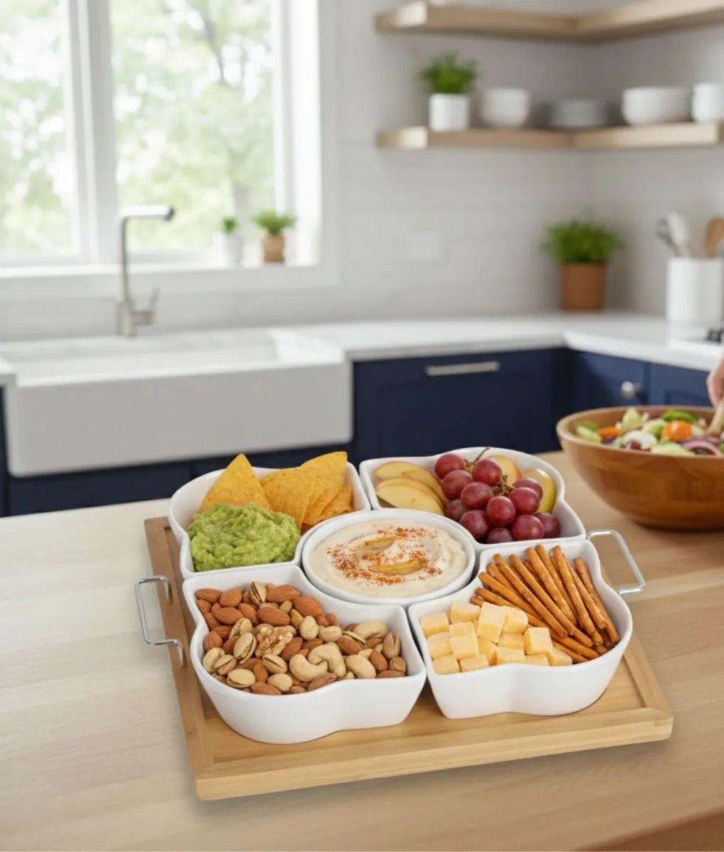 Juego Soporte Snacks Servir Salsas 5 Cuencos Base Bambú Jhn-9