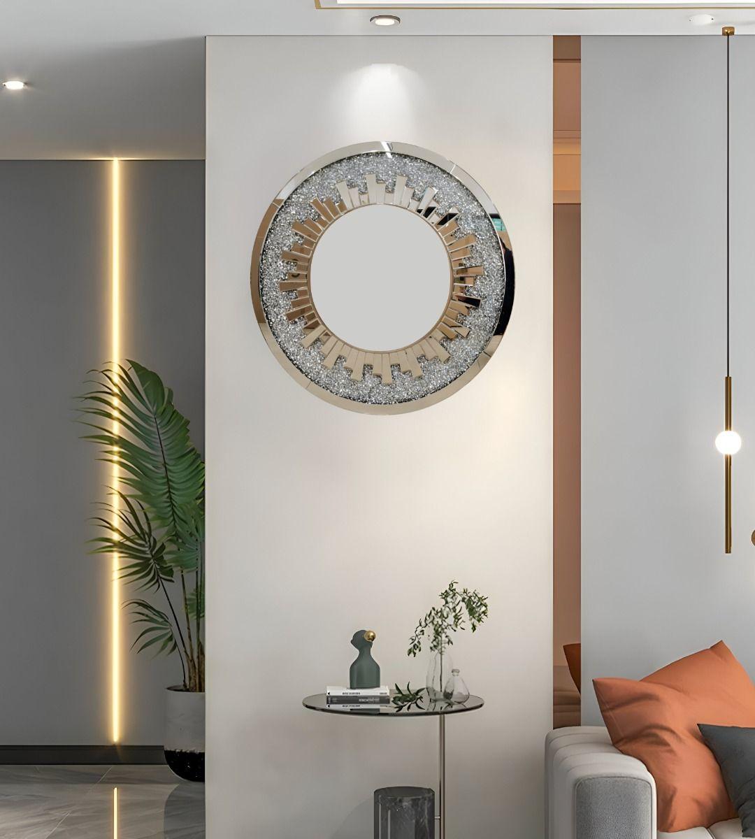 Espejo Pared Estilo Diamante Cristal Redondo Plateado Jhn-5