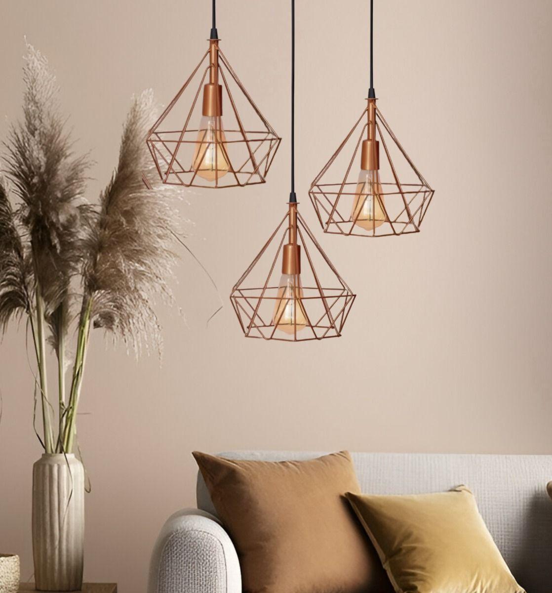 Lámpara Colgante Techo Triple Hierro Diamante Cobre 22cm Jhn-5