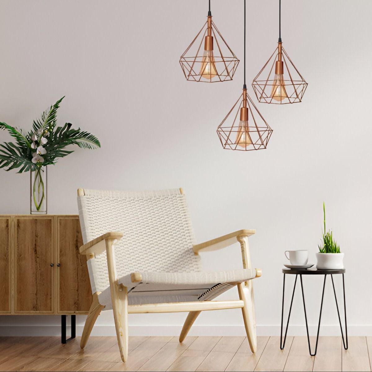 Lámpara Colgante Techo Triple Hierro Diamante Cobre 22cm Jhn-8