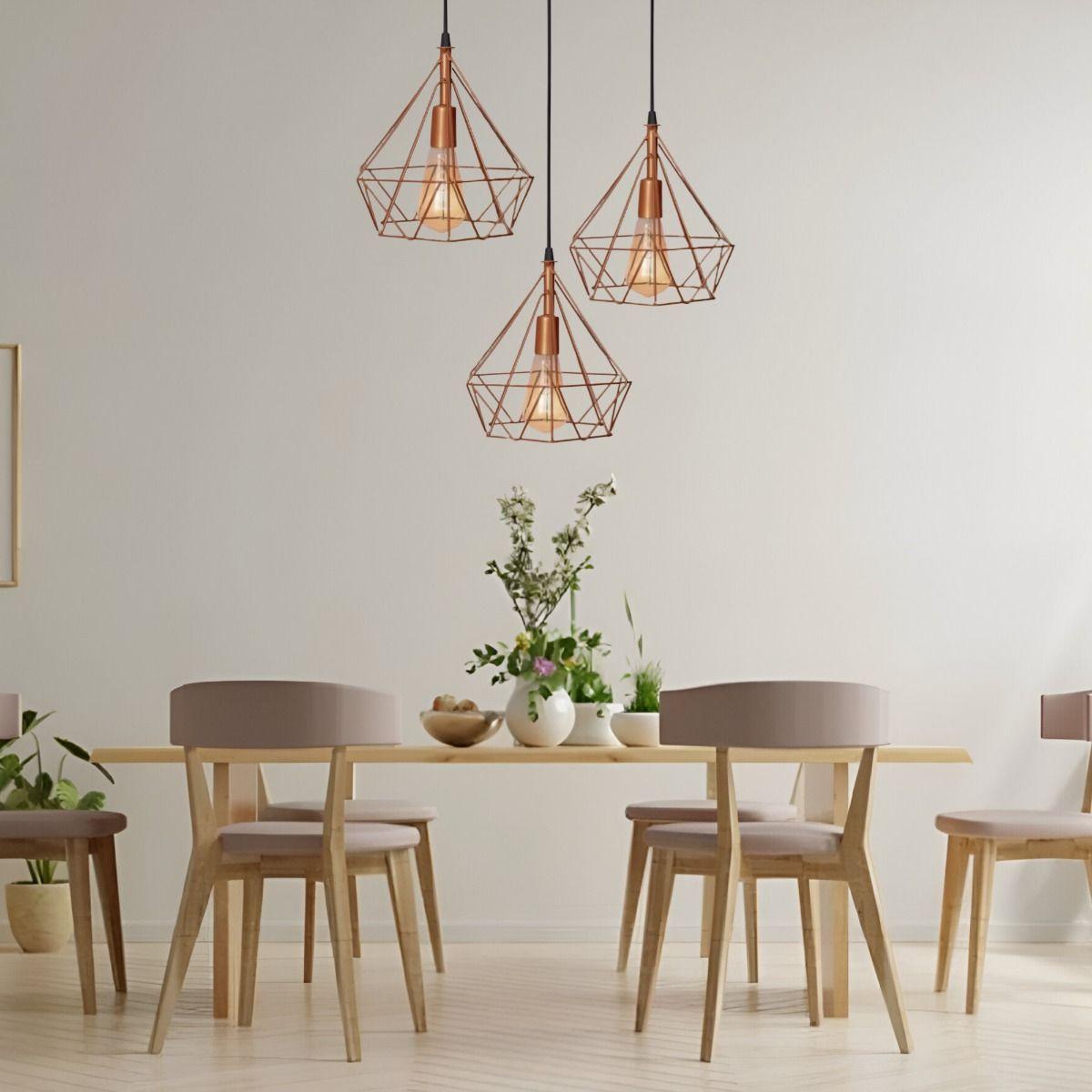 Lámpara Colgante Techo Triple Hierro Diamante Cobre 22cm Jhn-9