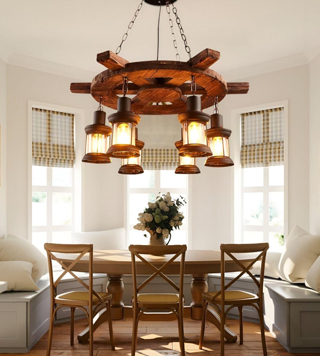 Lámpara Colgante Decorativa Madera Timón Rústica 6 Farol Jhn-5