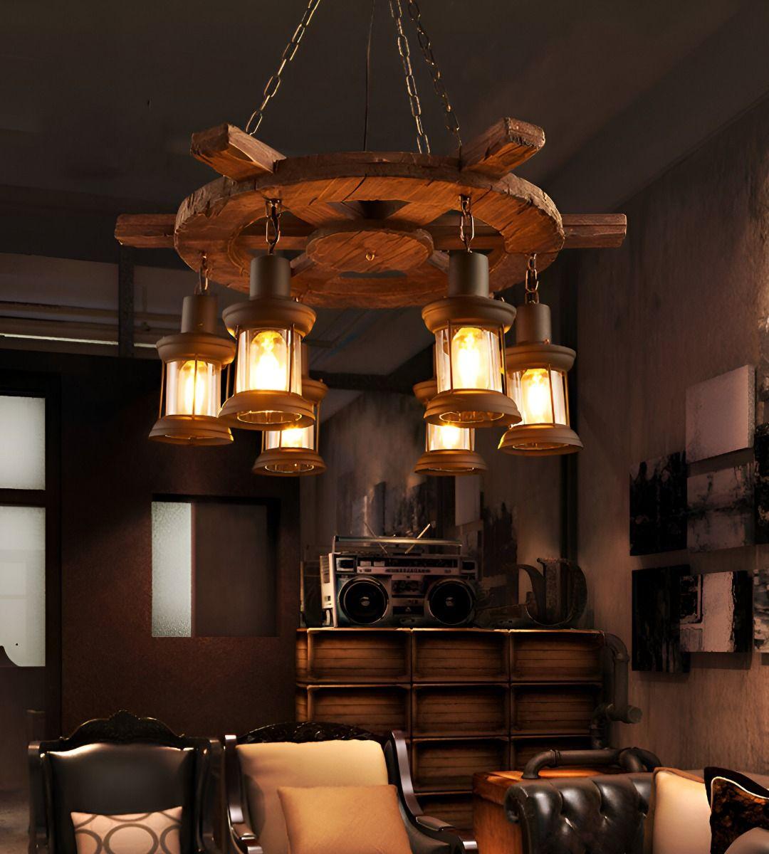 Lámpara Colgante Decorativa Madera Timón Rústica 6 Farol Jhn-7