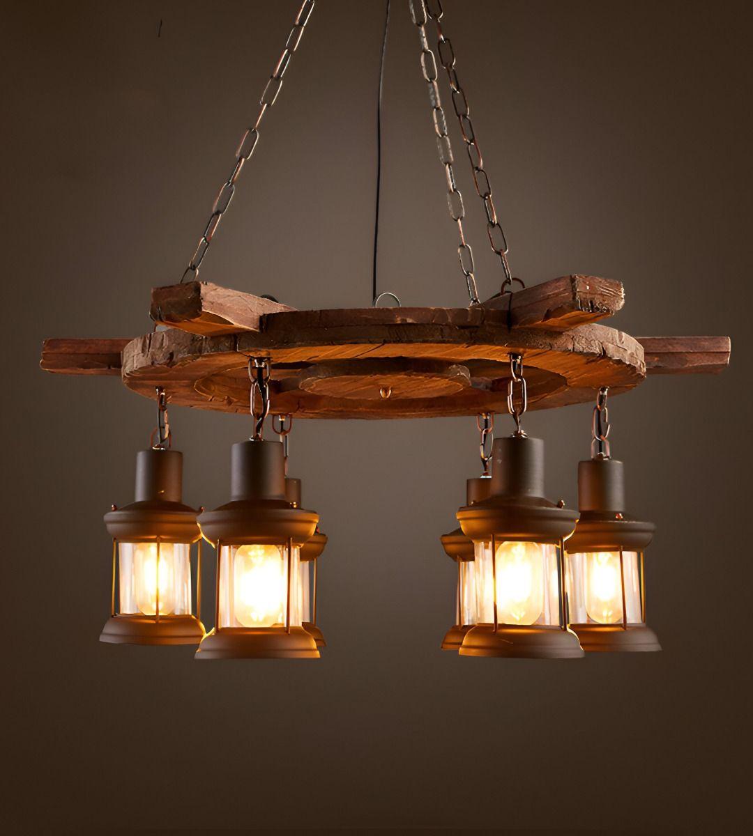 Lámpara Colgante Decorativa Madera Timón Rústica 6 Farol Jhn-9