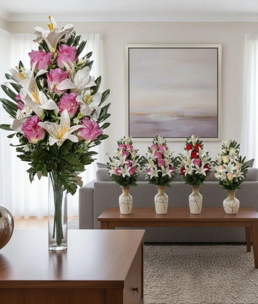 Ramo Floral Decorativo Artificial Lirios Rosas Adorno Jhn-8