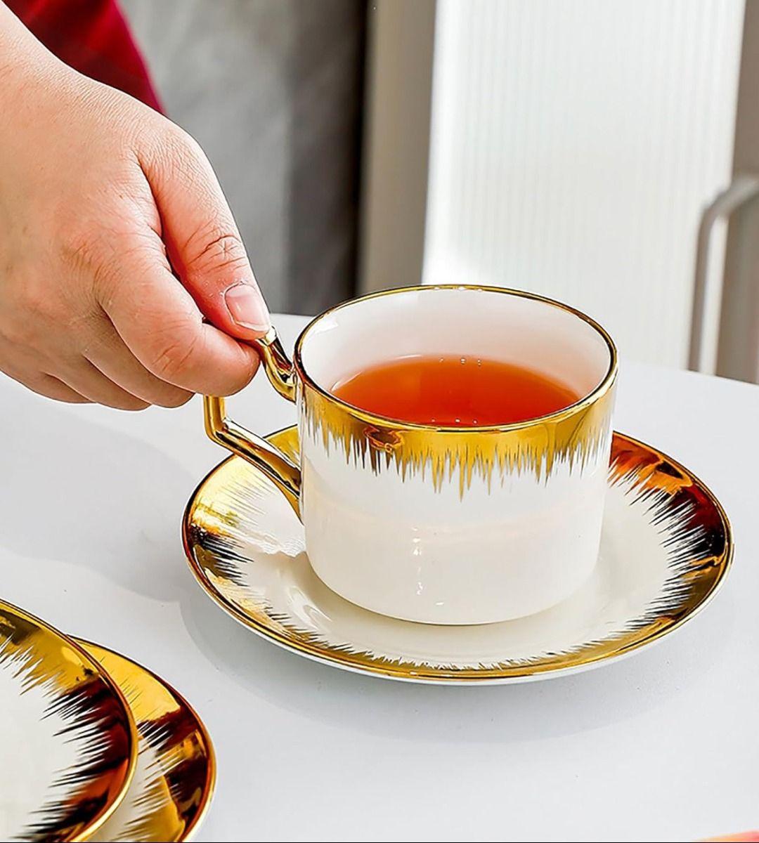 Juego Taza Café Platillo Apilable Borde Decorativo Jhn-2