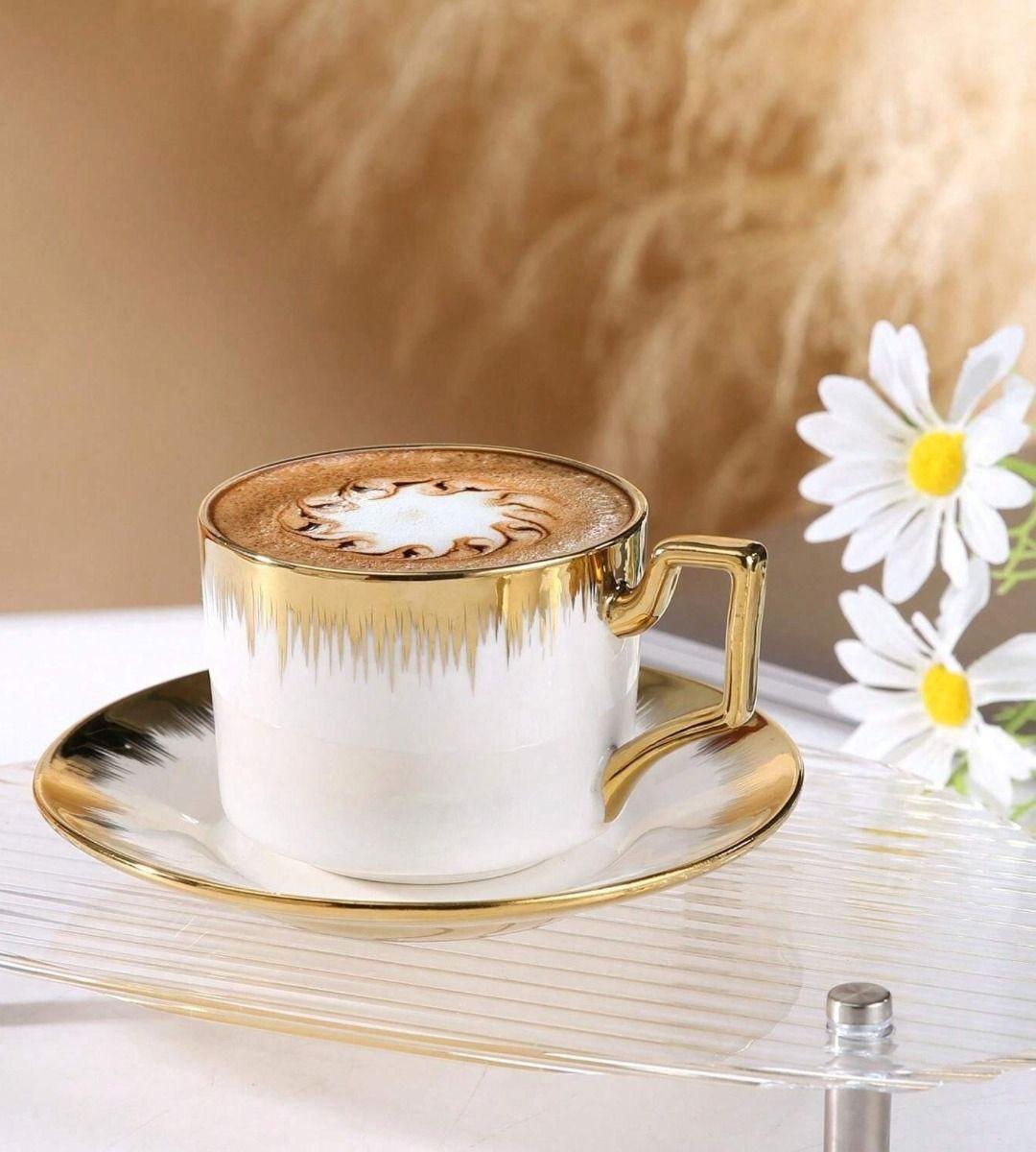 Juego Taza Café Platillo Apilable Borde Decorativo Jhn-6