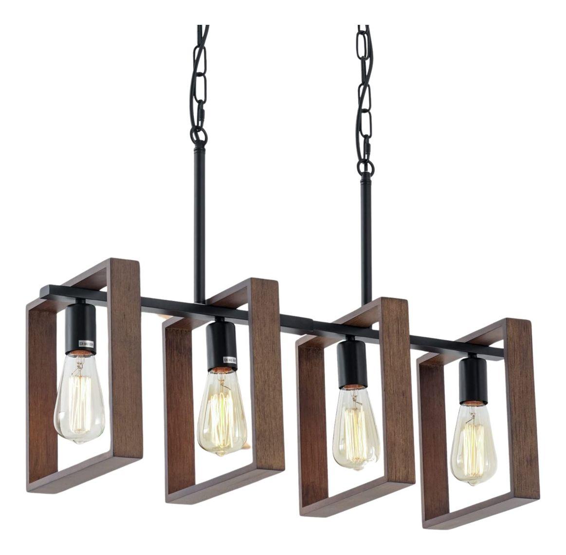 Lámpara Colgante Techo Rústica 4 Luces Madera Metal Jhn-0