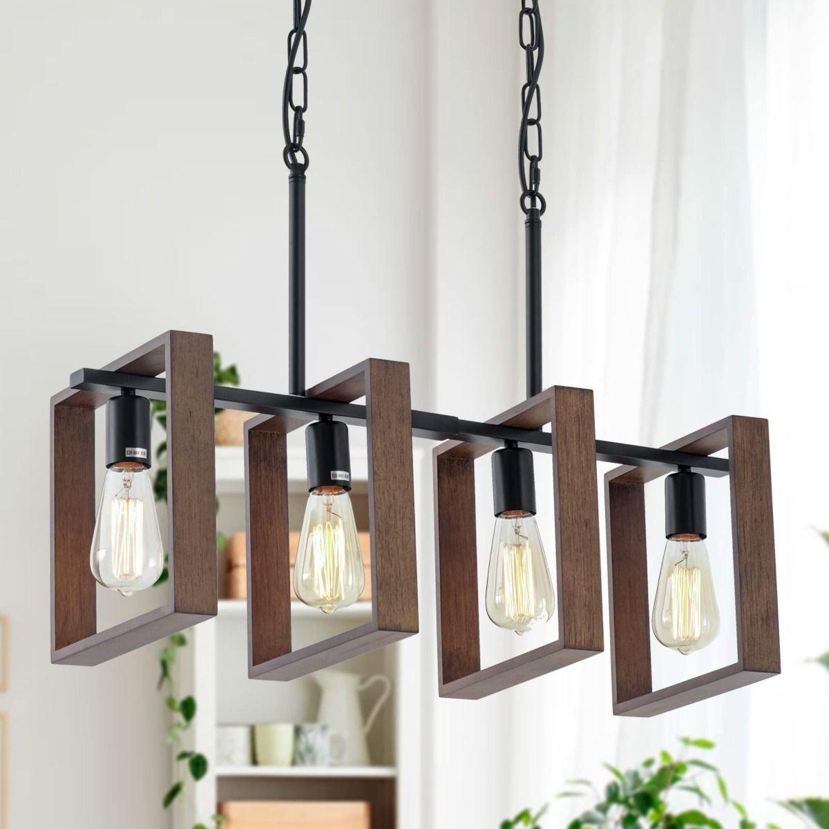 Lámpara Colgante Techo Rústica 4 Luces Madera Metal Jhn-5