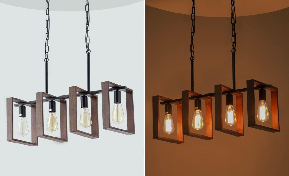 Lámpara Colgante Techo Rústica 4 Luces Madera Metal Jhn-7