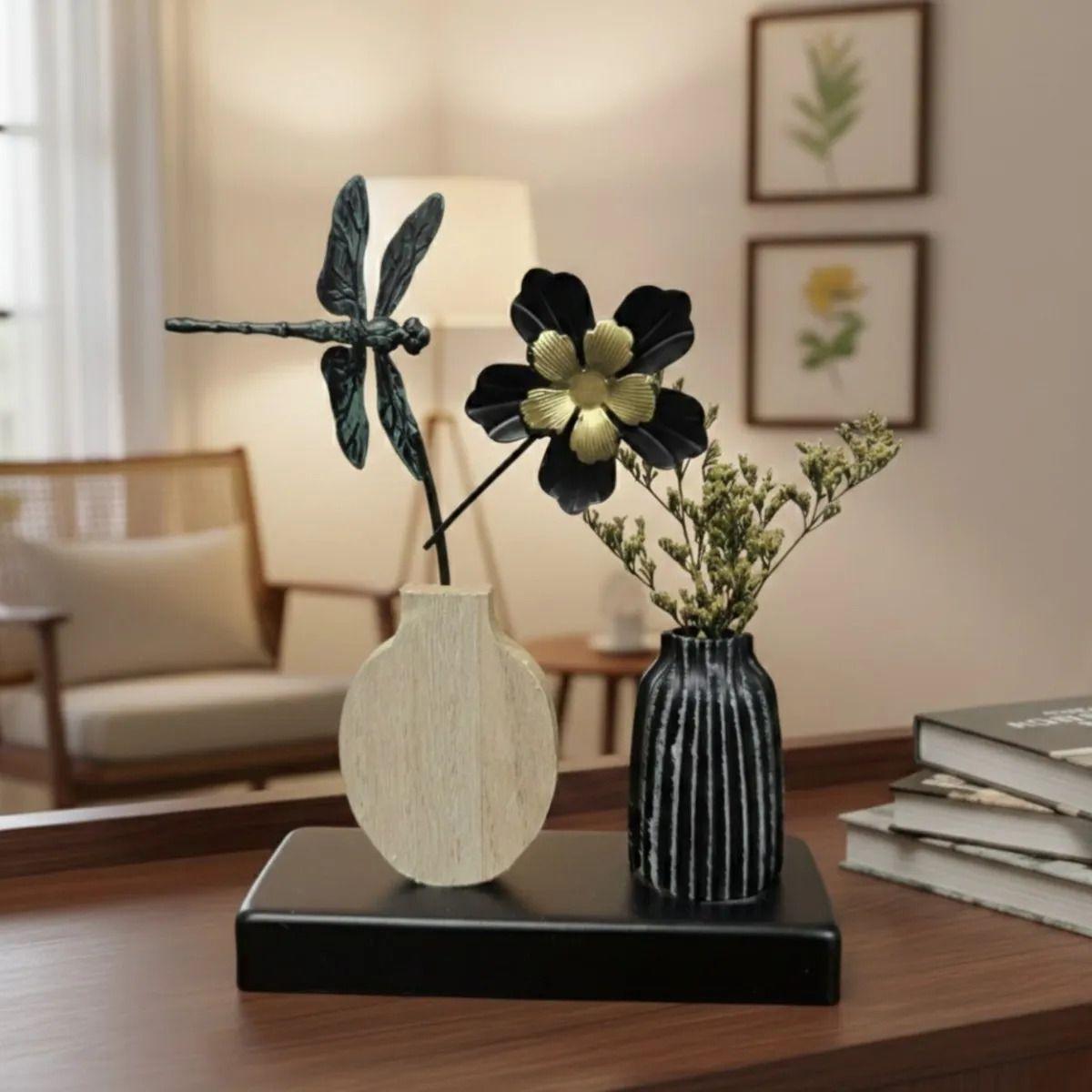 Set Decorativo Doble Vaso Minimalista Flor Libélula AJ-7