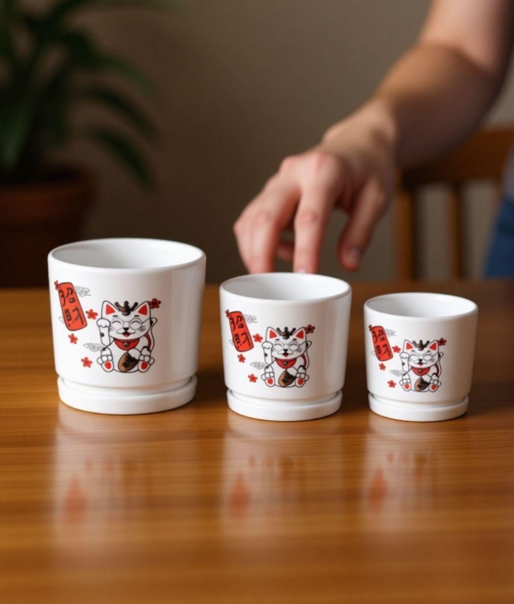 Set 3 Macetero Decorativo Diseño Gato Suerte Armonía Jhn-3
