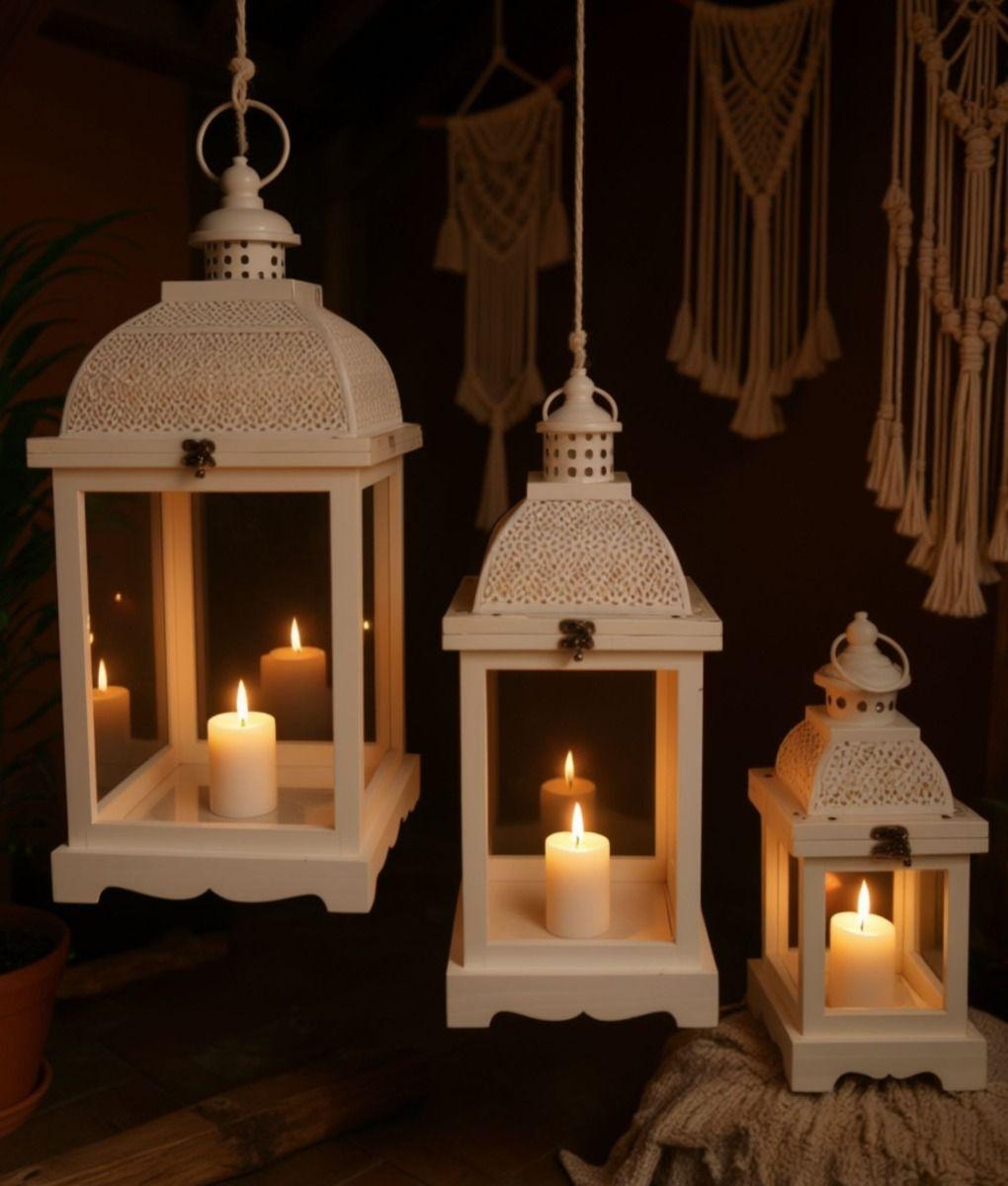 Set 3 Portavela Decorativo Farol Estilo Rústico Moderno Jhn-9