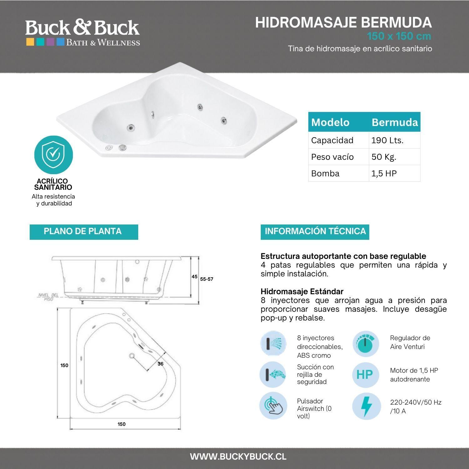 Tina Hidromasaje Bermuda 150x150 acrílico sanitario 8 Jets Der-8