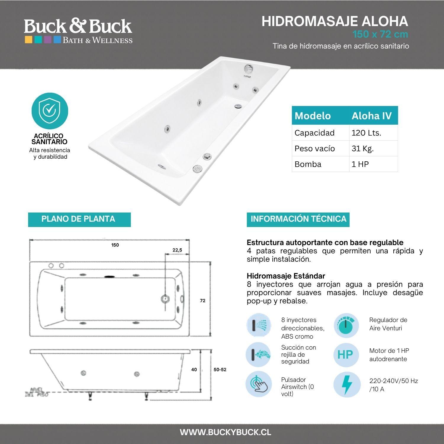 Tina Hidromasaje Aloha 150x72 acrílico sanitario 8 Jets Der-8