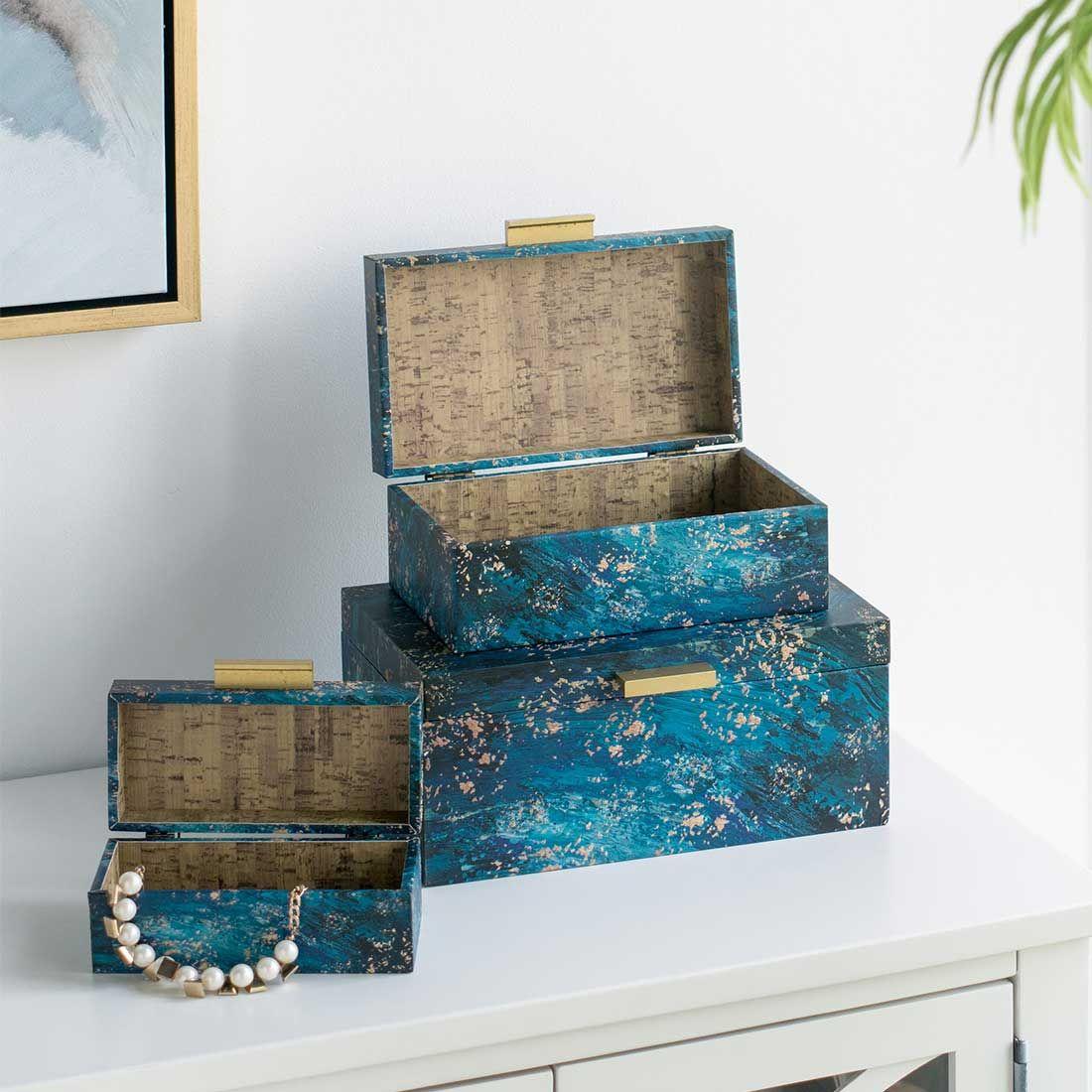 Set de 3 cajas decorativas eco cuero Azul-2