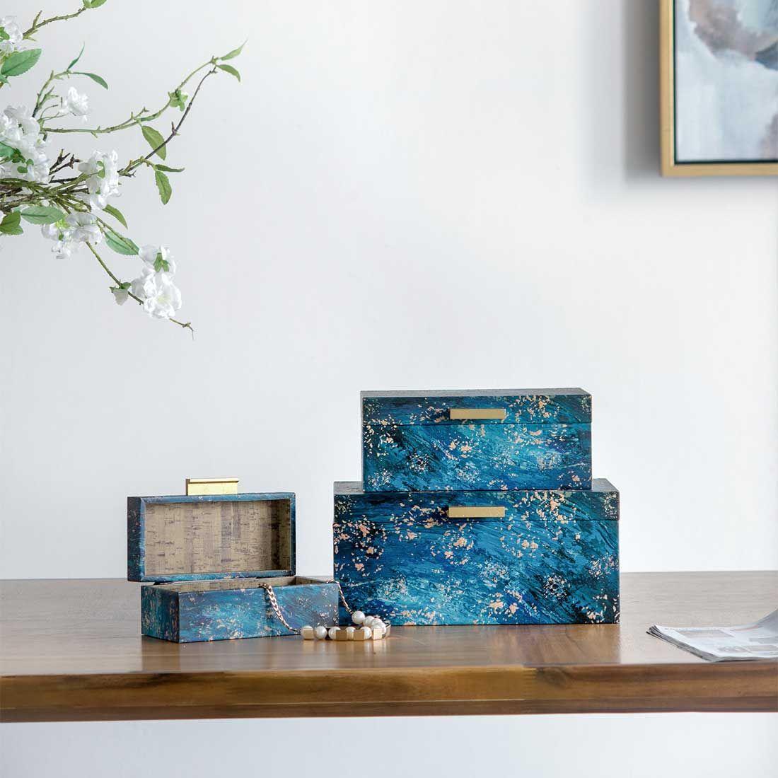 Set de 3 cajas decorativas eco cuero Azul-4