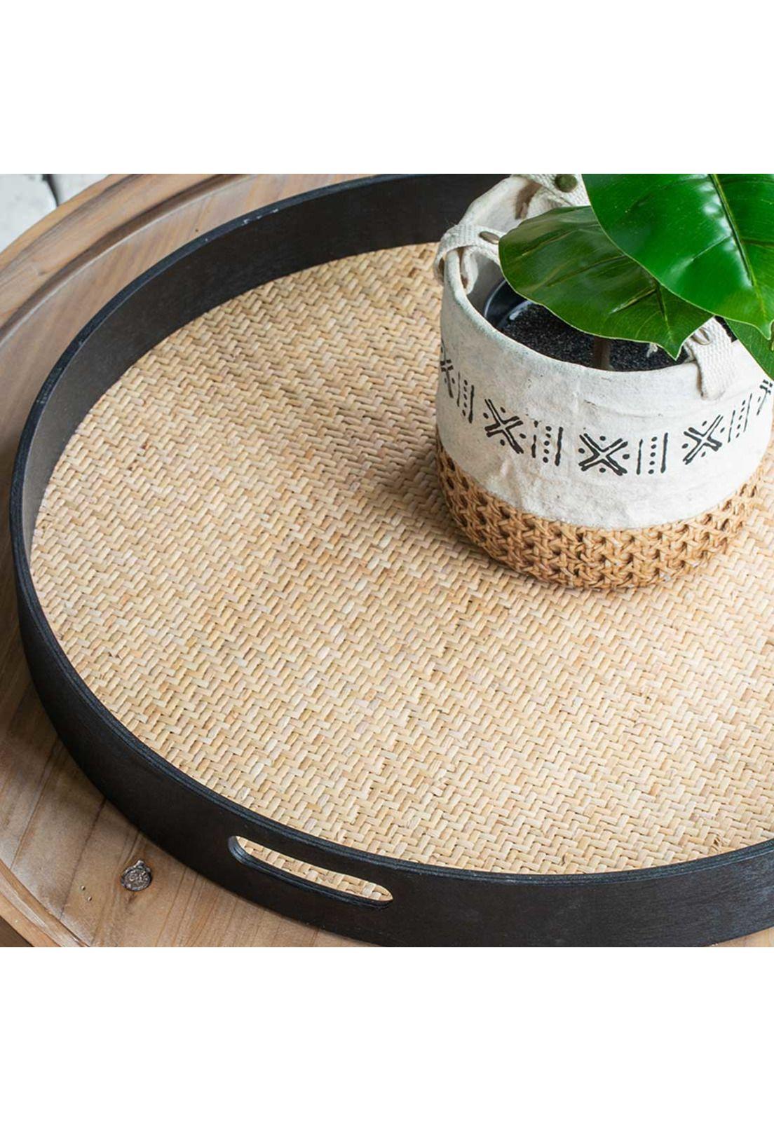 Bandeja decorativa redonda de ratán y madera-4