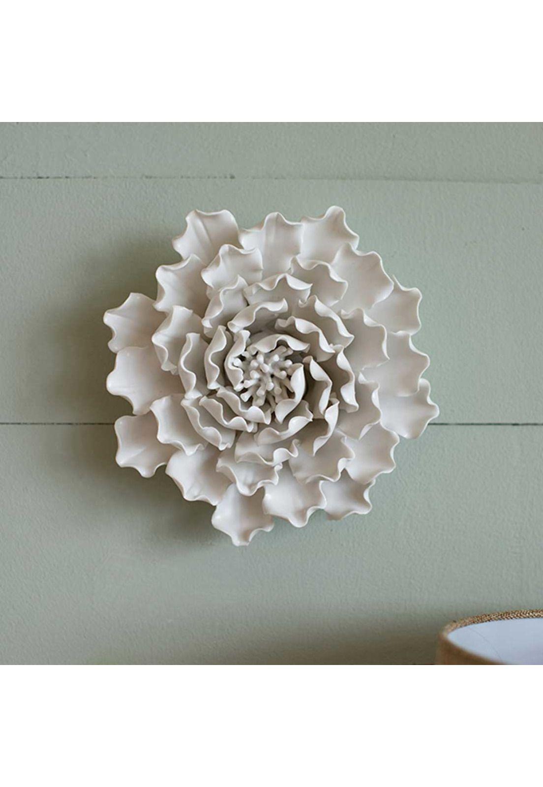Flor decorativa para pared o mesa color blanco de cerámica-1