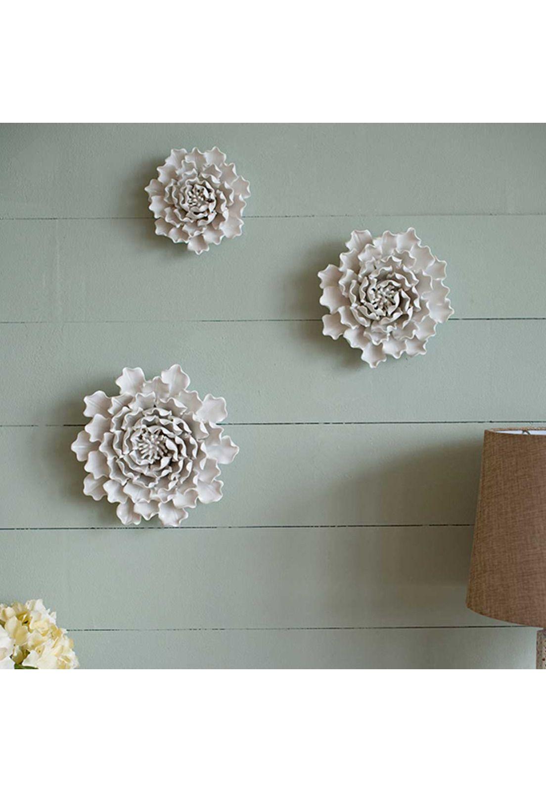 Flor decorativa para pared o mesa color blanco de cerámica-4