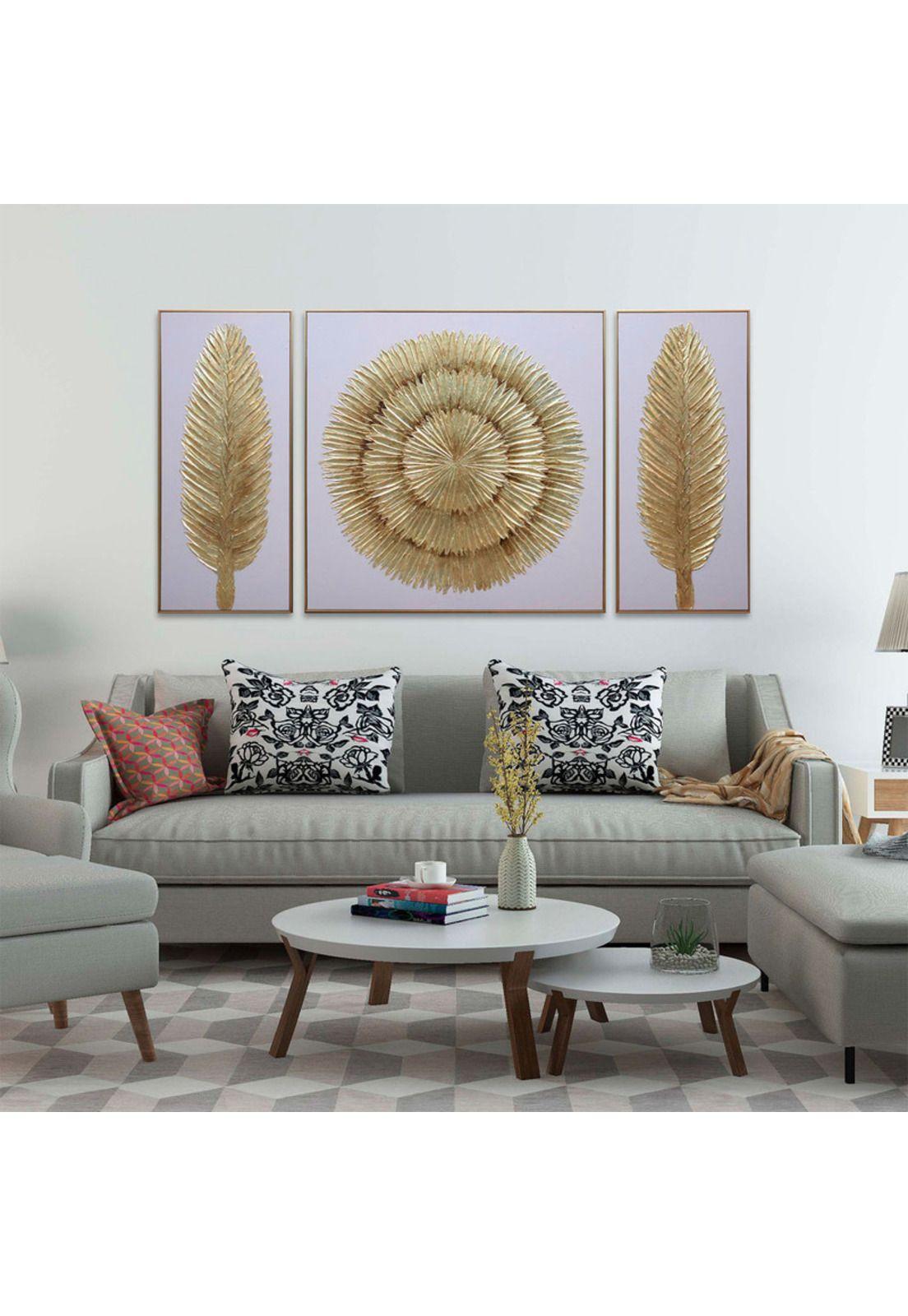 Set 3 Cuadros pintados a mano Hojas de Oro-1