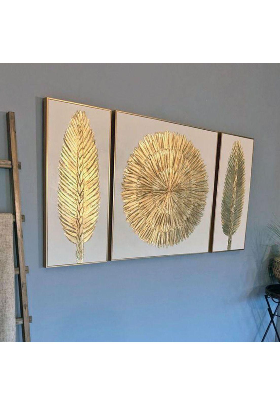 Set 3 Cuadros pintados a mano Hojas de Oro-3