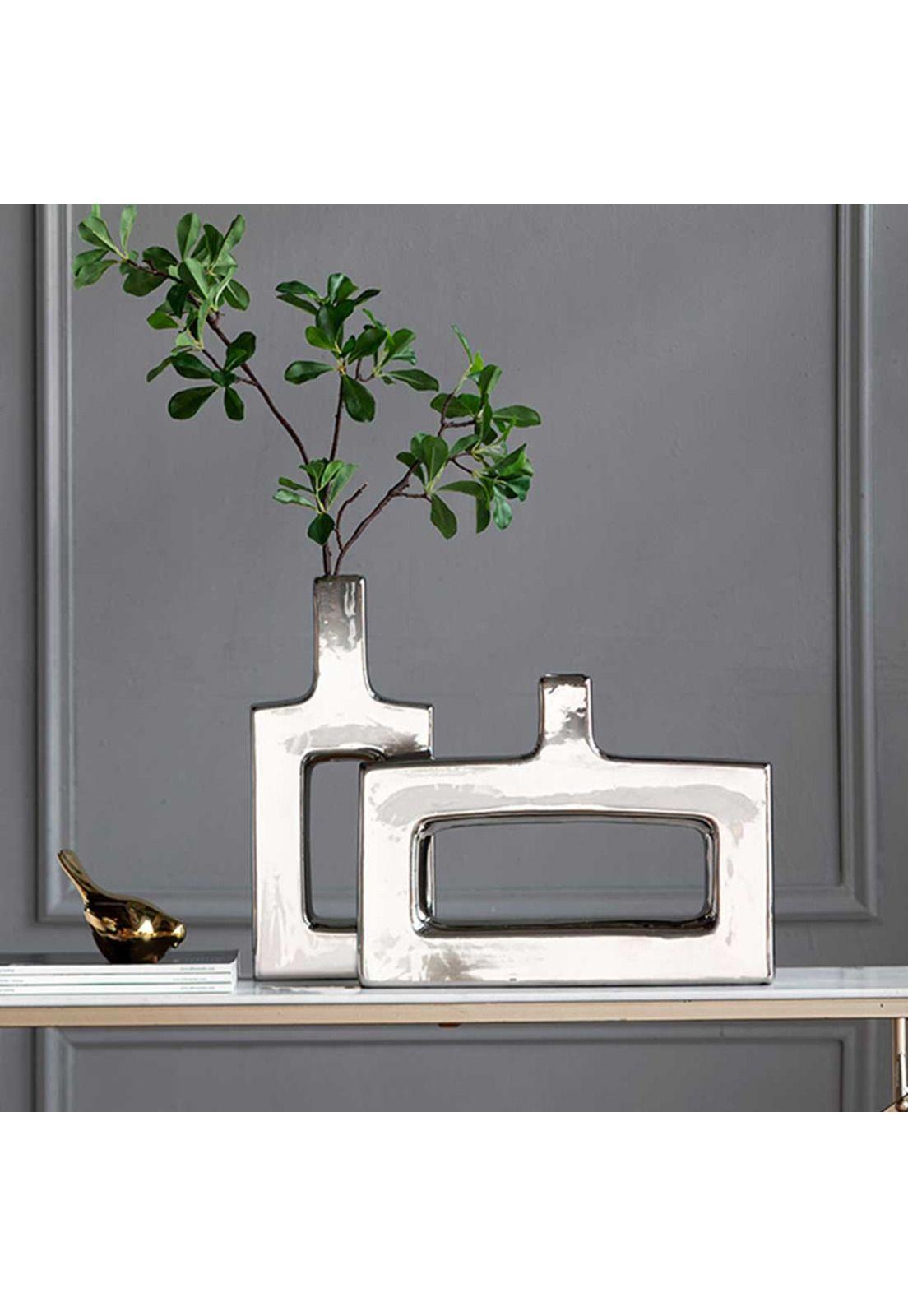 Jarrón decorativo de gres plateado con orificio-1