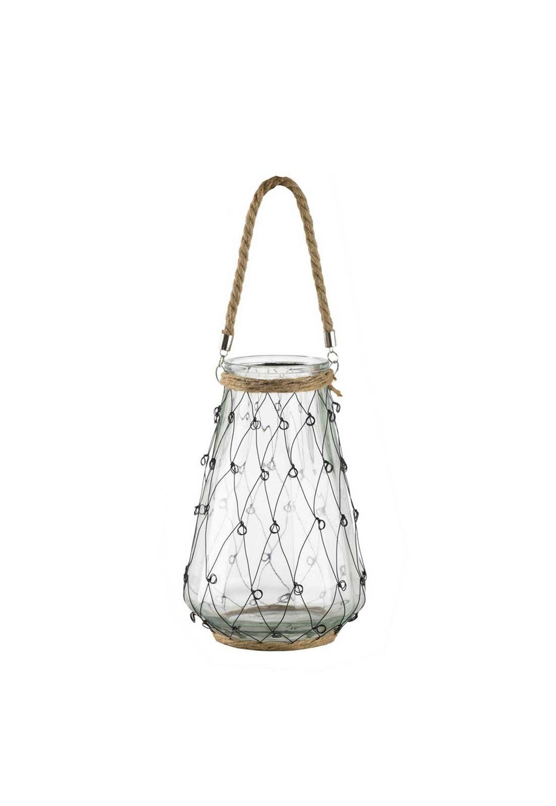 Jarrón decorativo de vidrio con malla de metal y cuerda-0