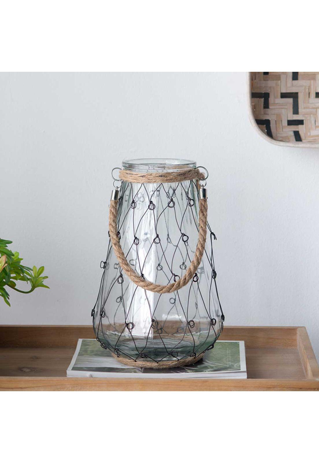 Jarrón decorativo de vidrio con malla de metal y cuerda-1