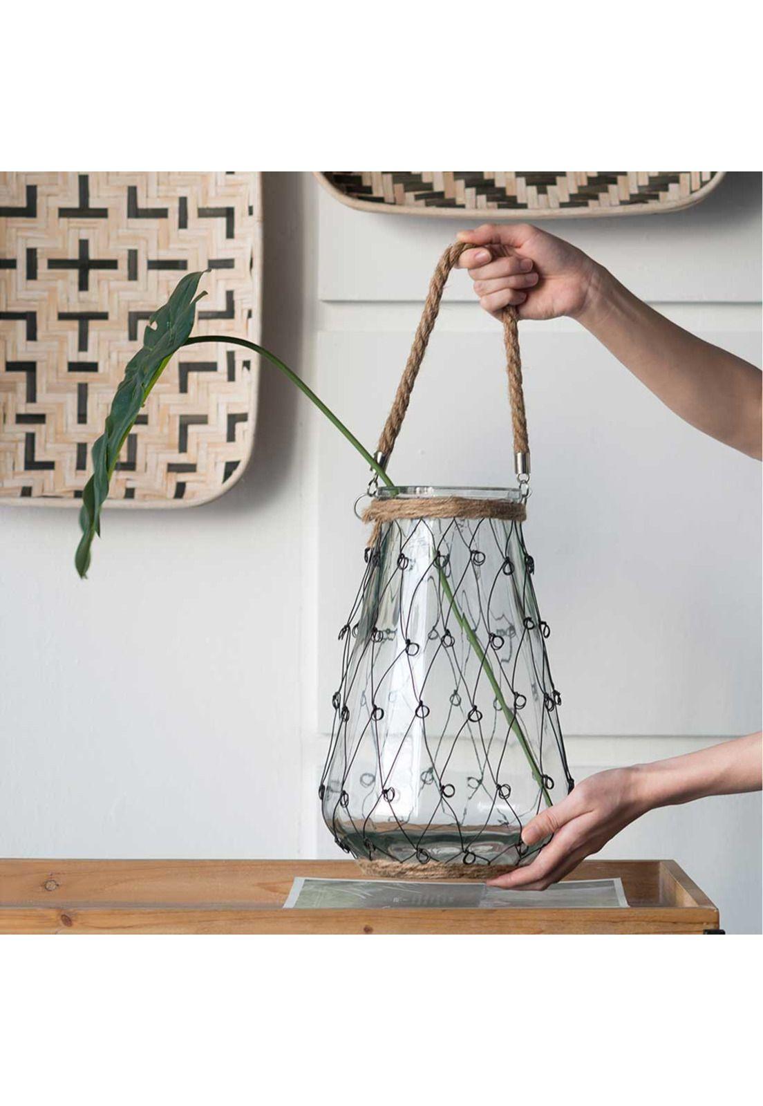 Jarrón decorativo de vidrio con malla de metal y cuerda-3