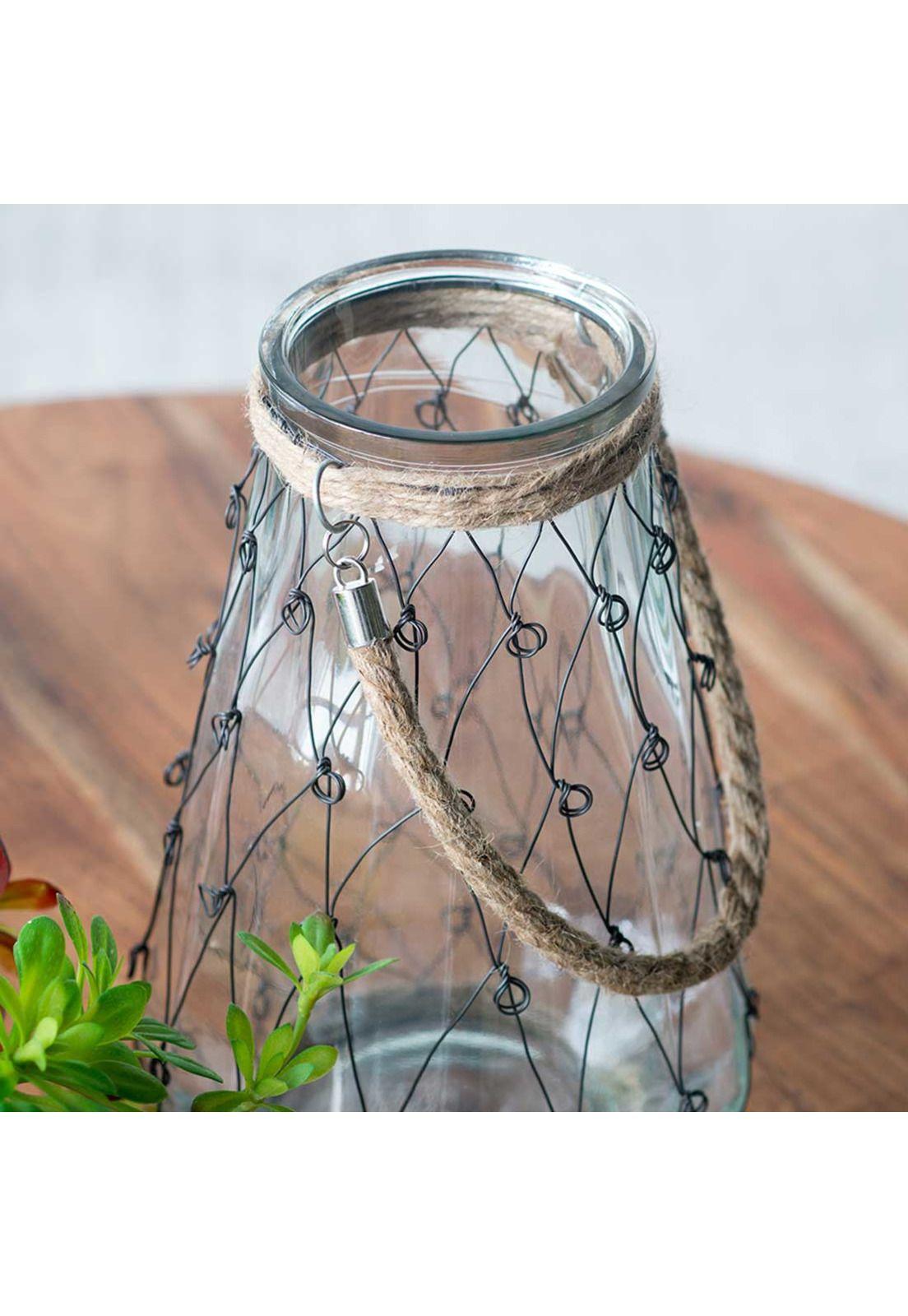 Jarrón decorativo de vidrio con malla de metal y cuerda-4