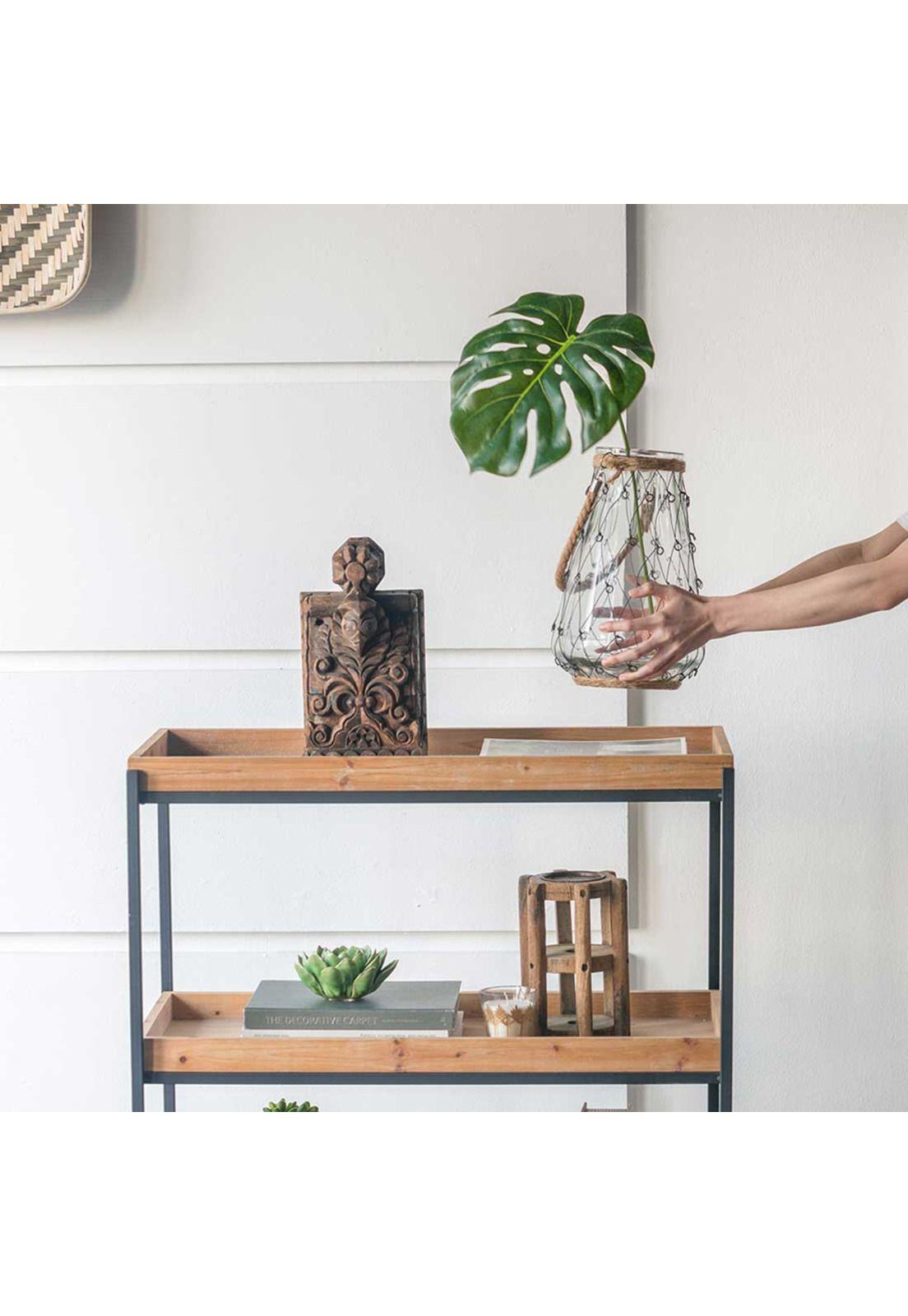 Jarrón decorativo de vidrio con malla de metal y cuerda-5
