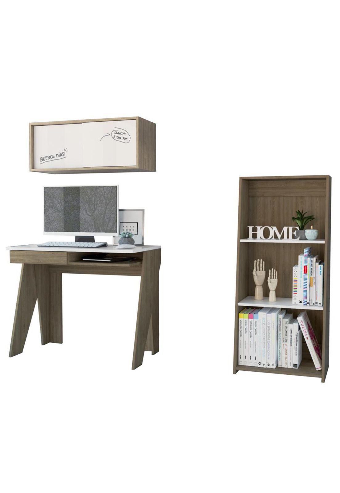 ESCRITORIO + GABINETE + BIBLIOTECA 120 NOTE - BLANCO HG / MIEL-1