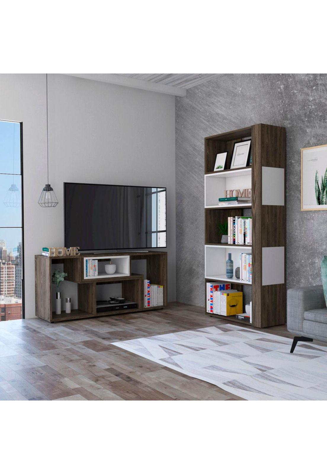 RACK EXTENSIBLE TV40 + BIBLIOTECA CUBO COÑAC/BLANCO - TUHOME-1