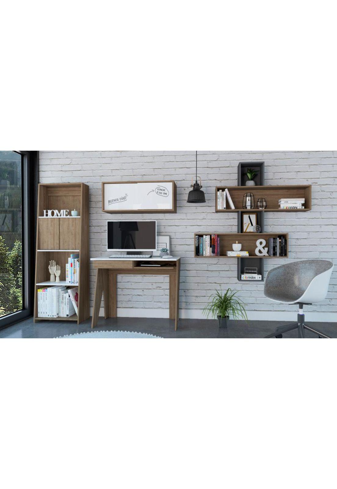 ESCRITORIO + GABINETE + BIBLIOTECA 160 + WALL 2B NOTE - BLANCO HG / MIEL-0