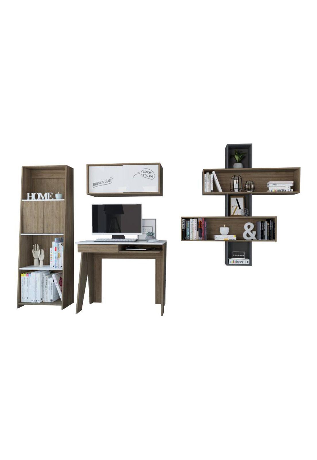 ESCRITORIO + GABINETE + BIBLIOTECA 160 + WALL 2B NOTE - BLANCO HG / MIEL-1