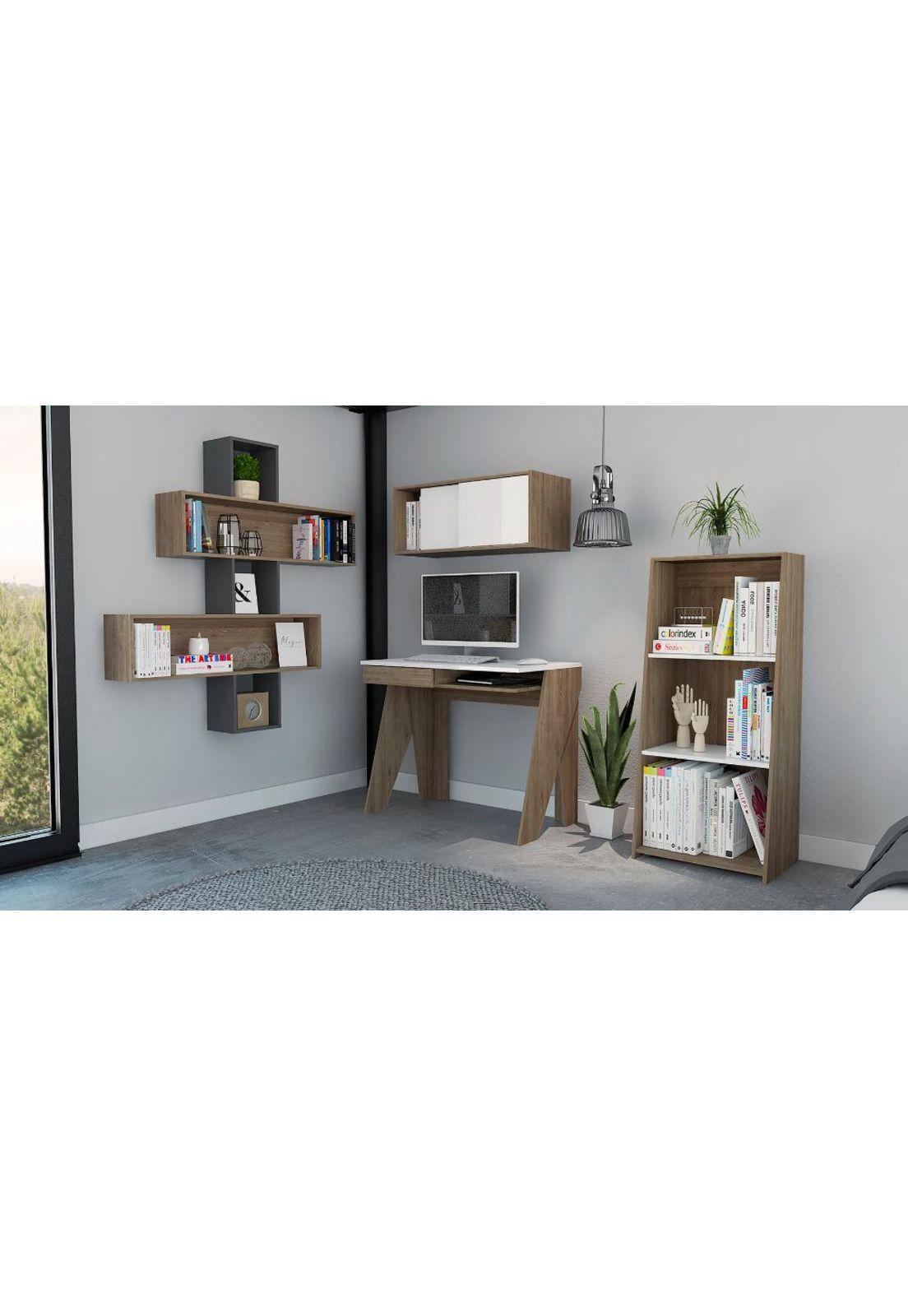 ESCRITORIO + GABINETE + BIBLIOTECA 120 + WALL 2B NOTE - BLANCO HG / MIEL-0