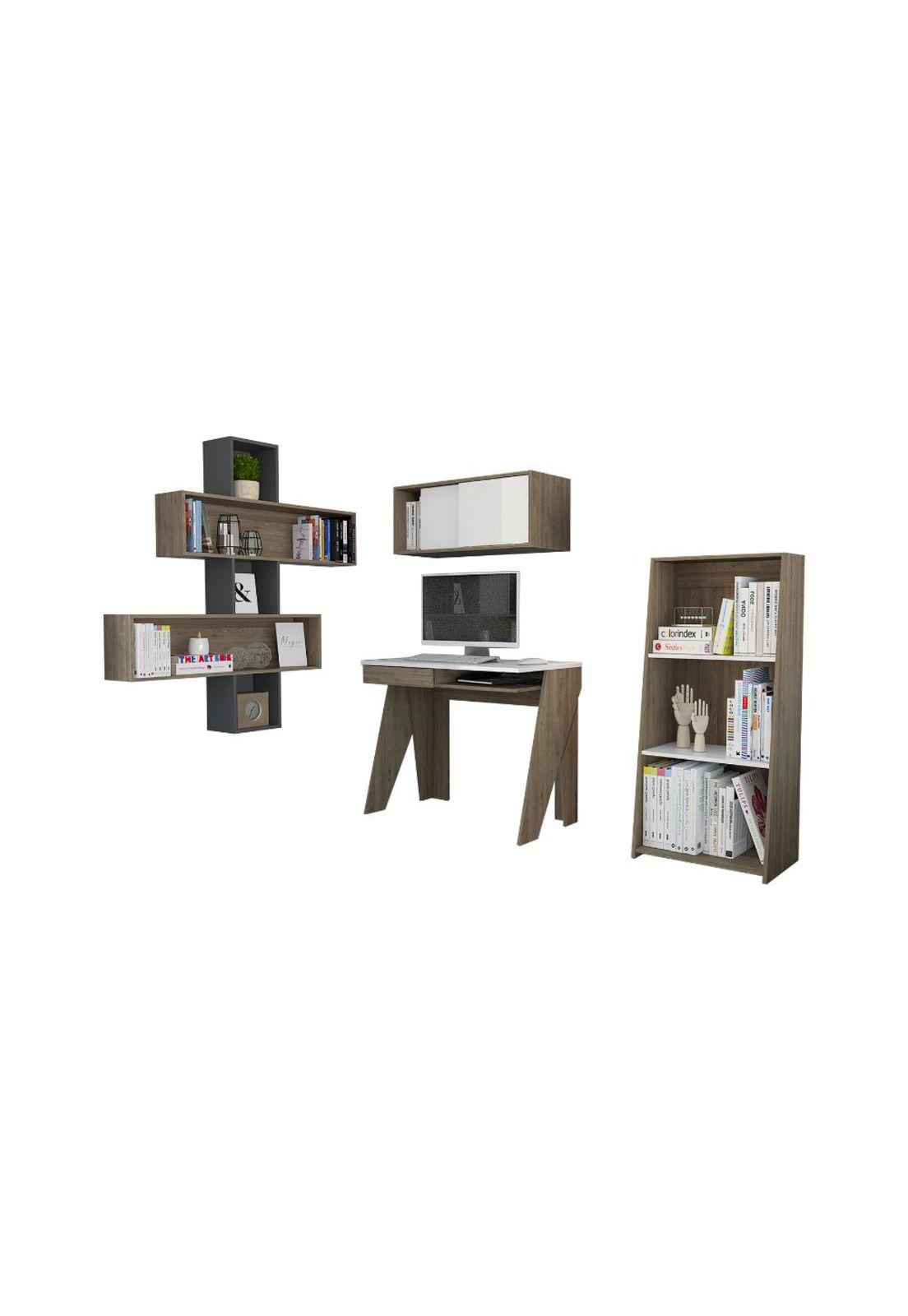 ESCRITORIO + GABINETE + BIBLIOTECA 120 + WALL 2B NOTE - BLANCO HG / MIEL-1