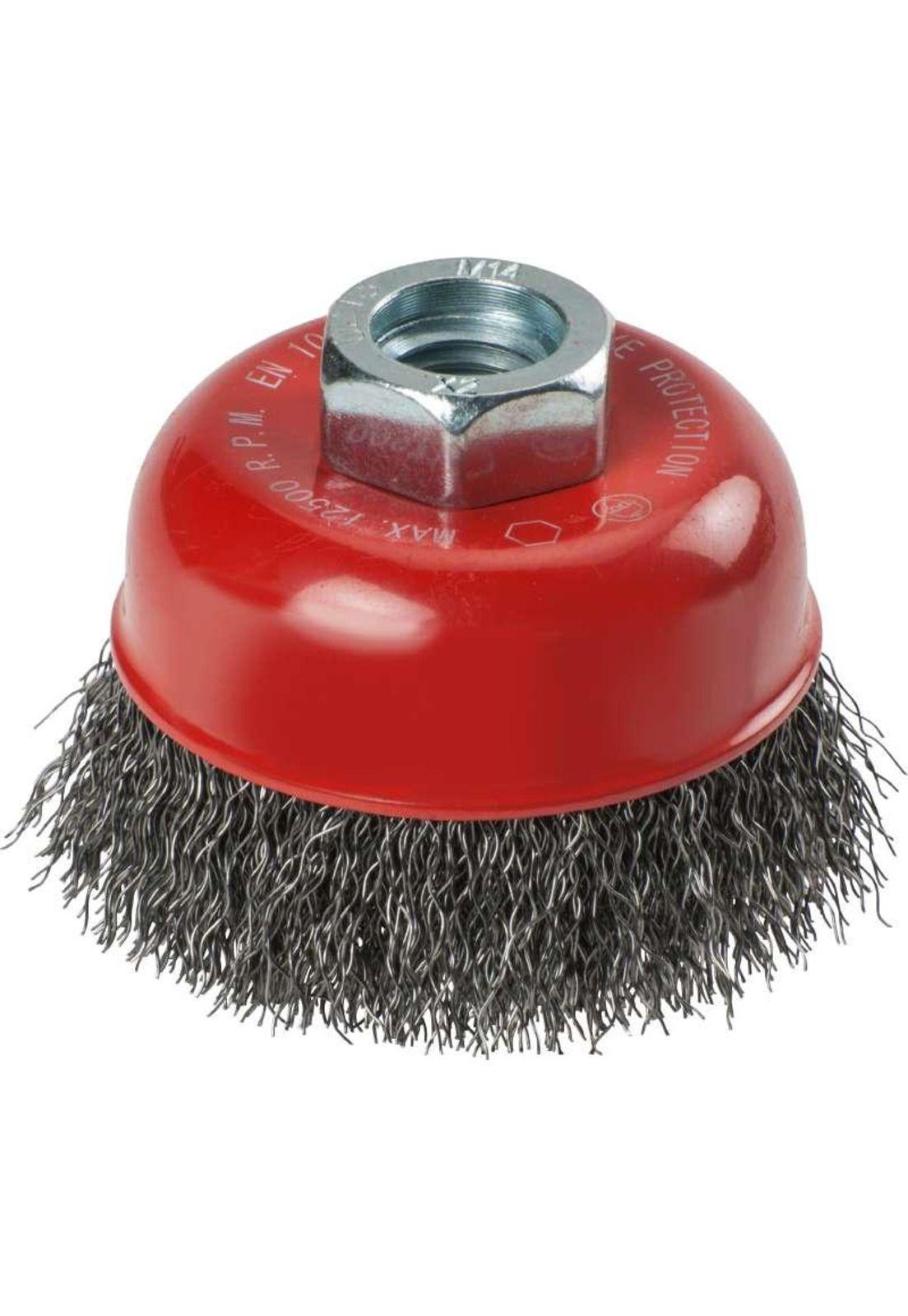 Cepillo de alambre tipo copa hss Ø60mm x m14 / rojo y plateado-0