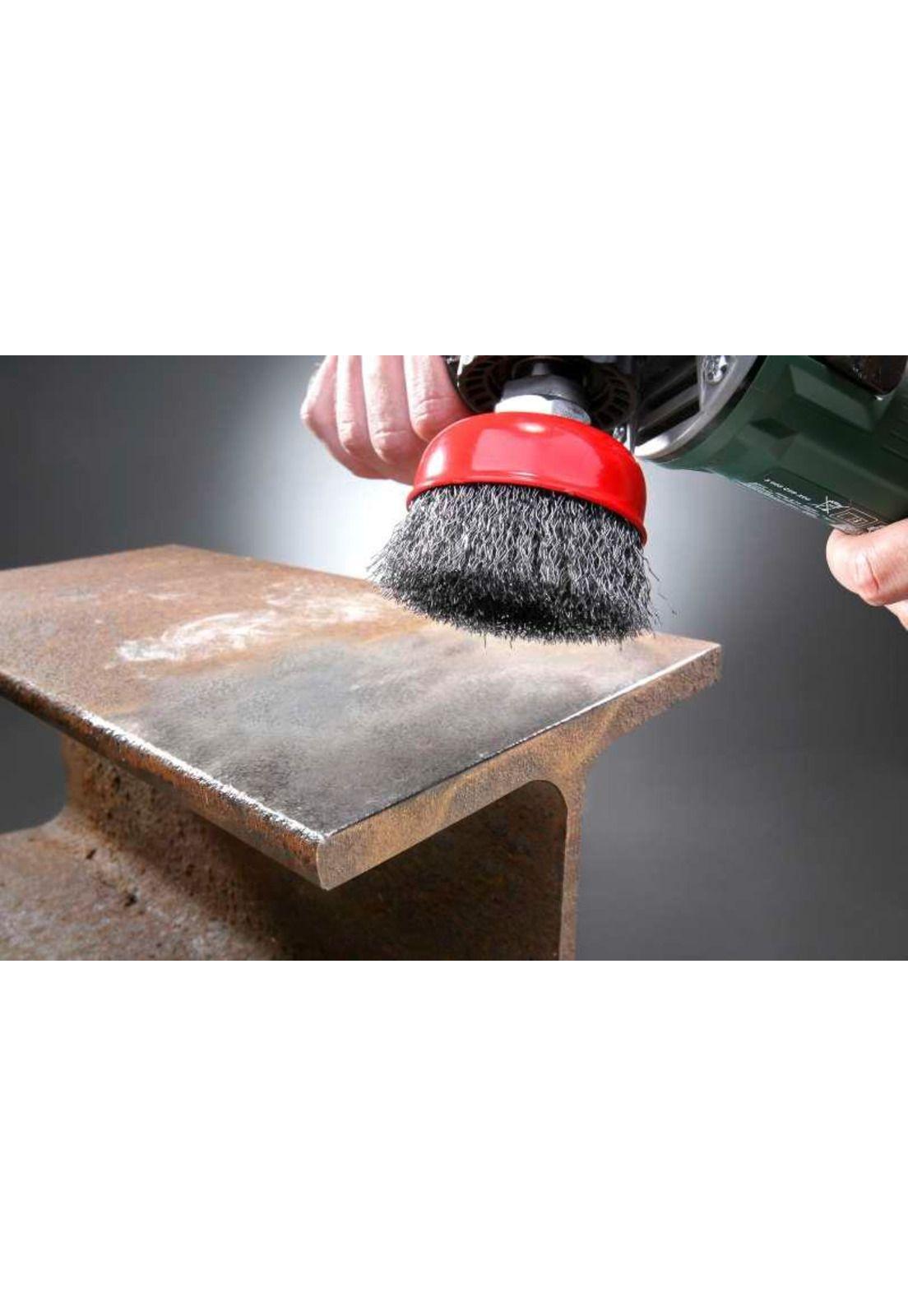 Cepillo de alambre tipo copa hss Ø60mm x m14 / rojo y plateado-1