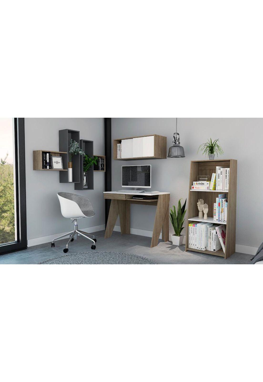 ESCRITORIO + GABINETE + BIBLIOTECA 120 + WALL 2B NOTE - BLANCO HG / MIEL-0