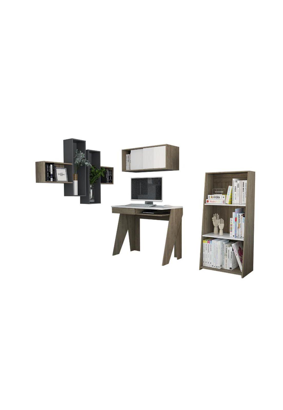 ESCRITORIO + GABINETE + BIBLIOTECA 120 + WALL 2B NOTE - BLANCO HG / MIEL-1