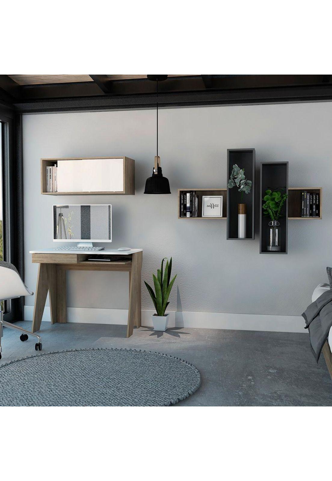 ESCRITORIO + GABINETE + WALL 2A NOTE - BLANCO HG / MIEL-0