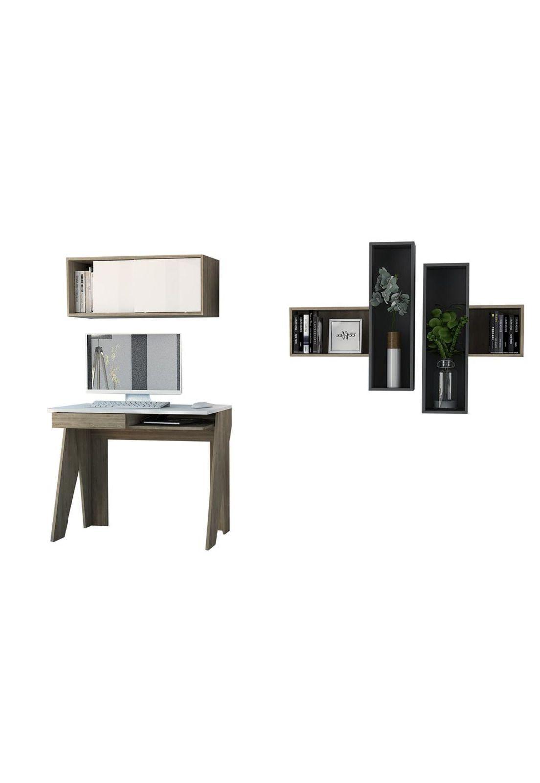 ESCRITORIO + GABINETE + WALL 2A NOTE - BLANCO HG / MIEL-1