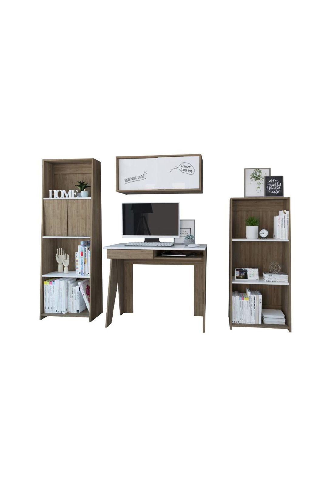 ESCRITORIO + GABINETE + BIBLIOTECA 120 + BIBLIOTECA 160 NOTE - BLANCO HG / MIEL-1