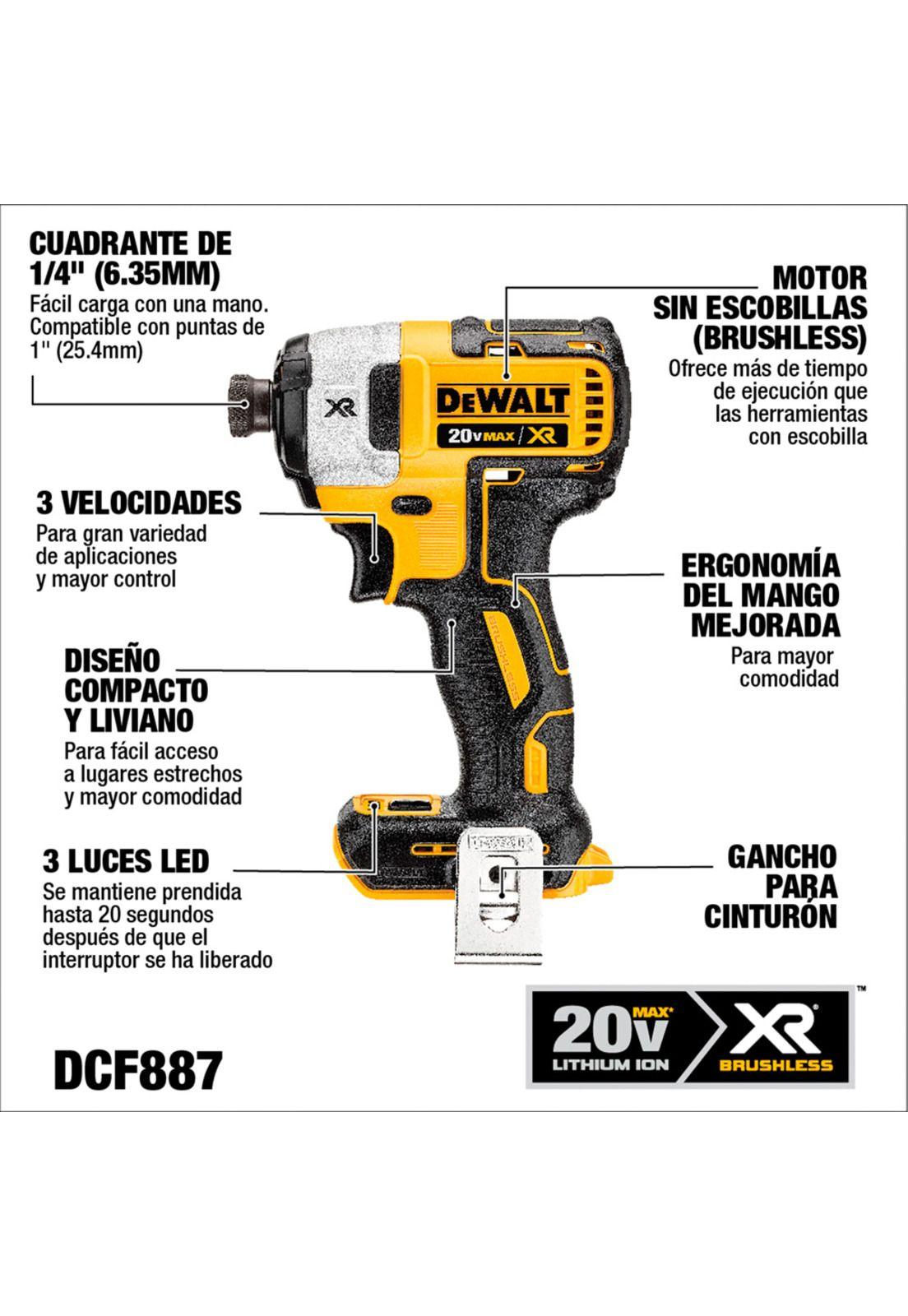 Atornillador Impacto 20V Sin Carbones, Sin Batería Dcf887B  Dewalt-0