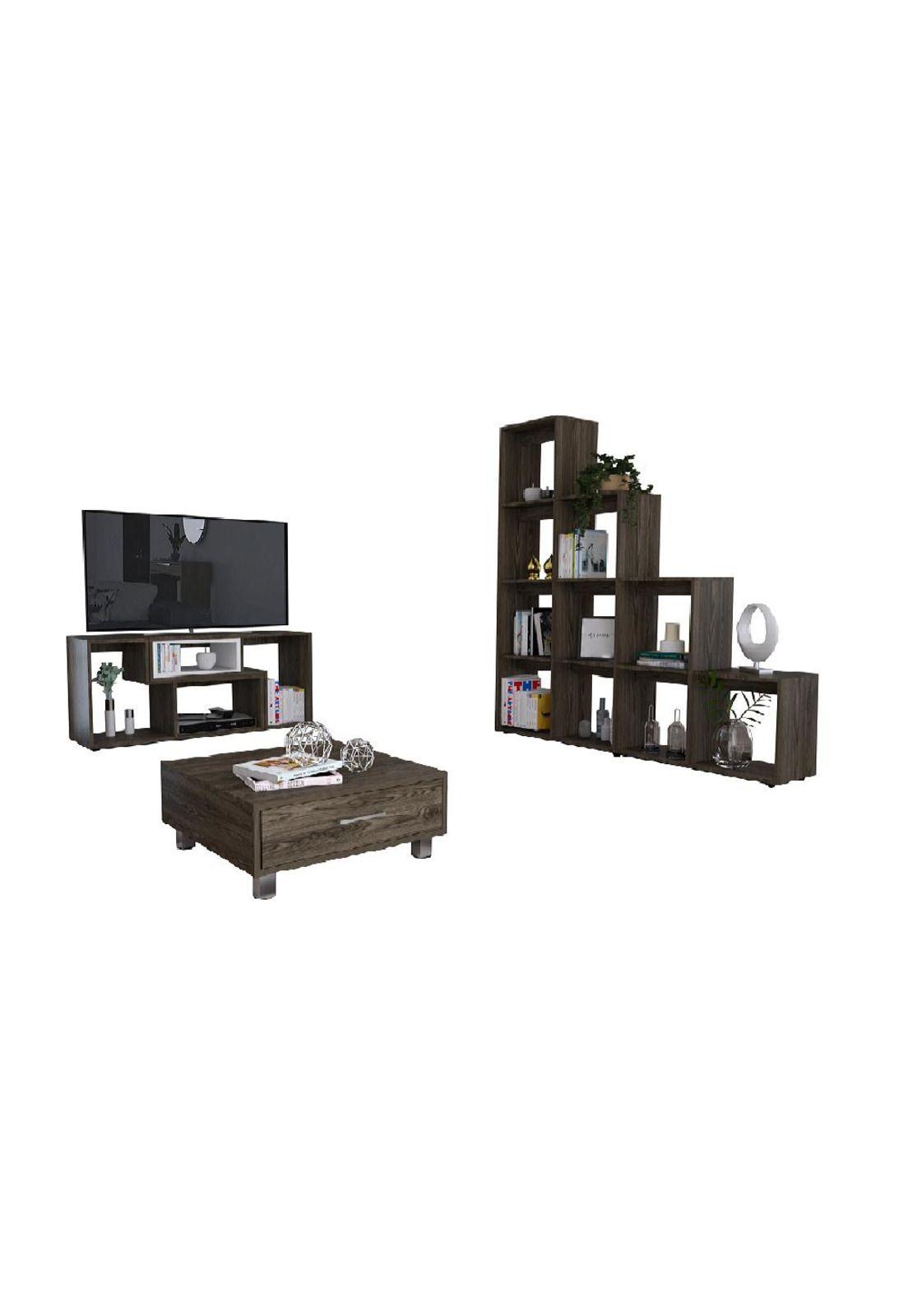 RACK EXTENSIBLE TV40 + BIBLIOTECA ESCALERA + MESA DE CENTRO - COÑAC/BLANCO - TUHOME-0