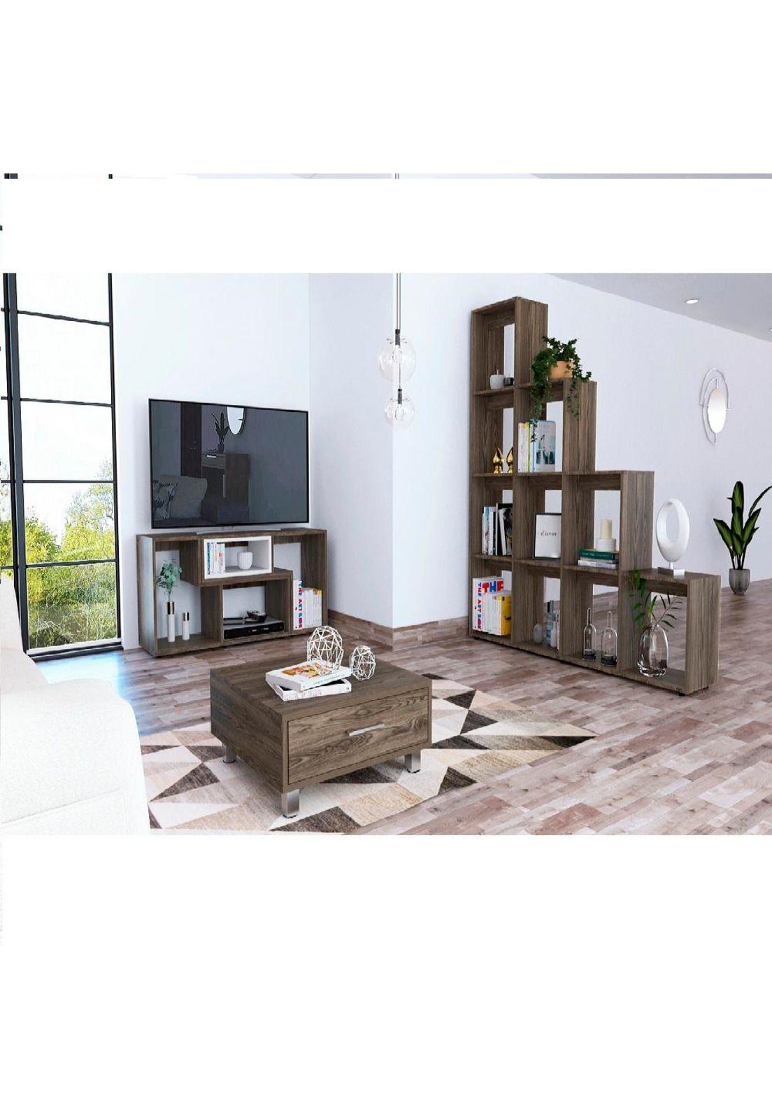 RACK EXTENSIBLE TV40 + BIBLIOTECA ESCALERA + MESA DE CENTRO - COÑAC/BLANCO - TUHOME-1